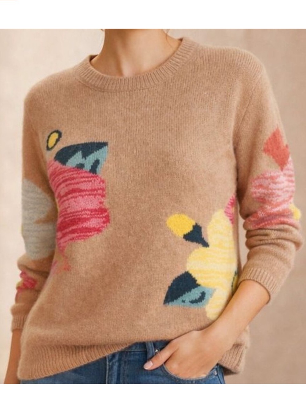 Sundance Winter Flowers Sweater Tan Floral Crewneck Lambswool Cashmere XS - Picture 2 of 7
